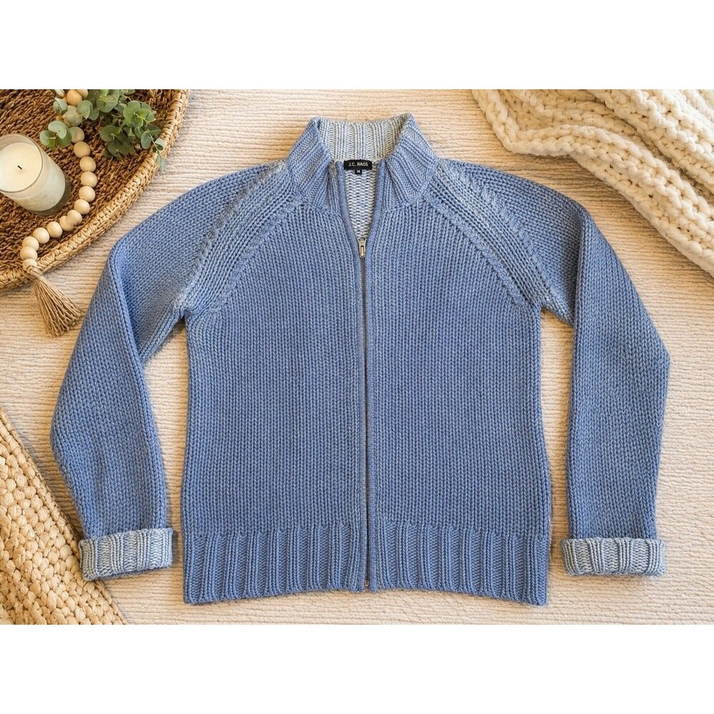 Lambswool Full Zip Sweater Cardigan Womens Medium Blue Cozy Warm Soft Comfy